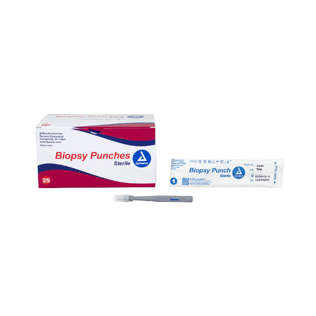 A box labeled Dynarex Sterile Biopsy Punches is displayed beside a sealed biopsy punch package and a single sterile instrument, all designed for accurate medical procedures.